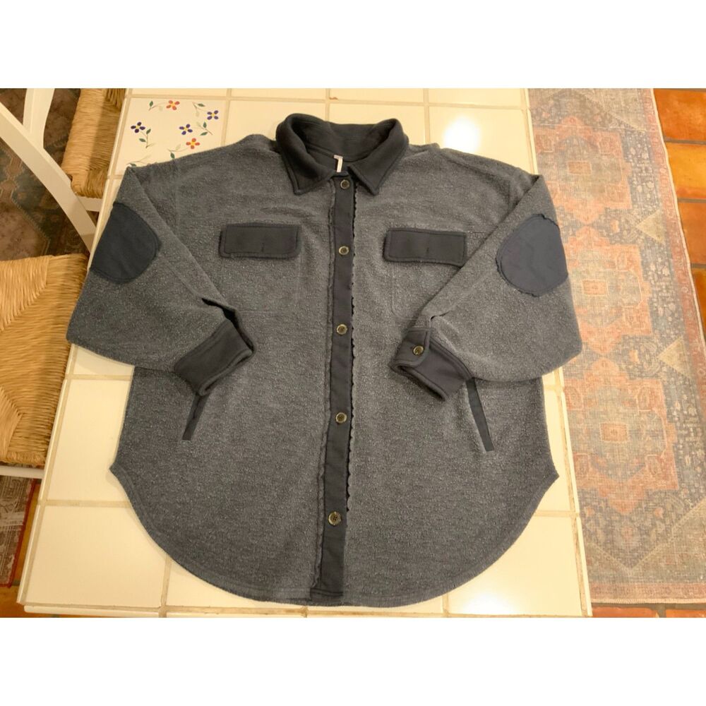 Free People Charcoal Sherpa Button-Up Jacket Oversized XL